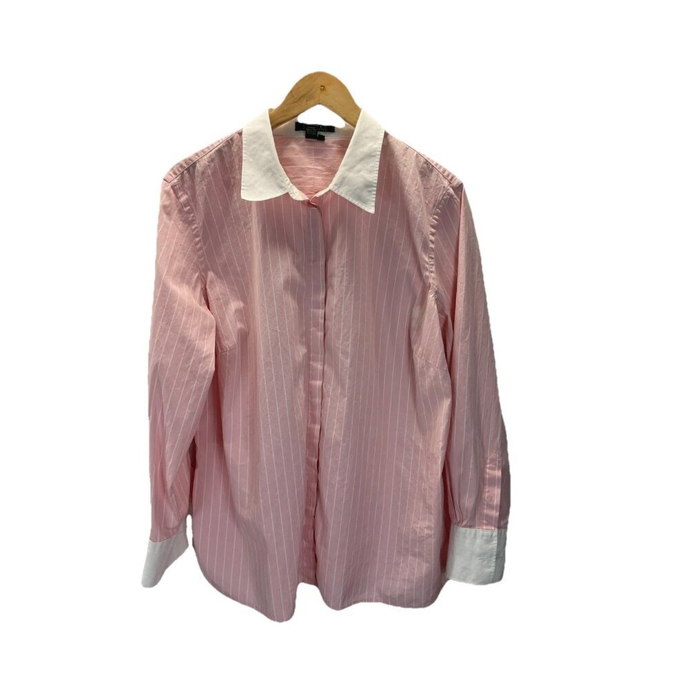 LAUREN RALPH LAUREN 2X blouse, button-down pink pinstripes contrast cuff/ collar